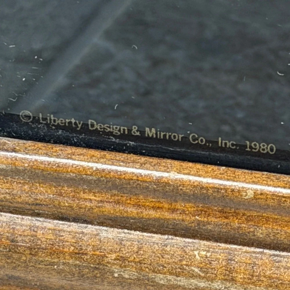 Vintage 1980 Liberty Design & Mirror Co Lion Etched Glass Black Mirror Wood Fram